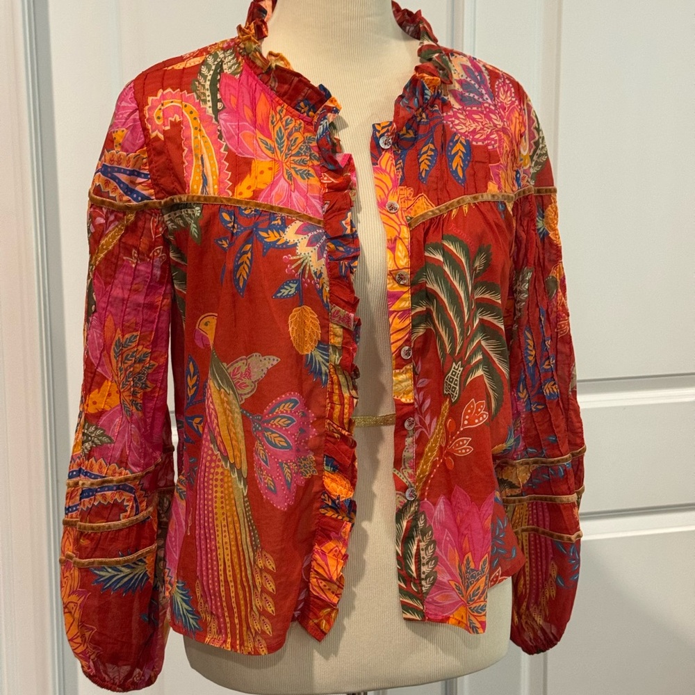 FARM Rio Red Pink Orange Floral Ruffled Button-Front Blouse